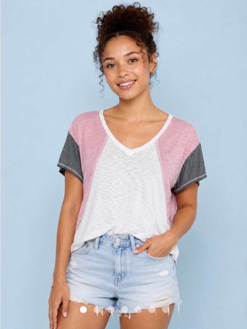 AS Revival Colorblock V-Neck Tee in White, Pink & Green-Gray - small